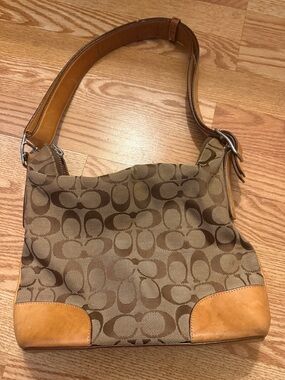 Coach Brown Signature Canvas Shoulder Bag with Tan Leather Trim